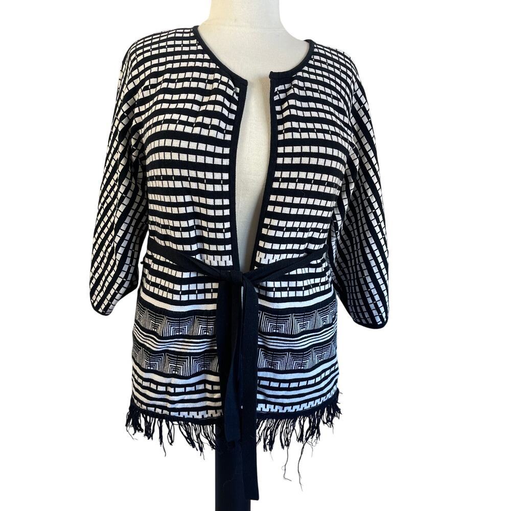 Chico’s Black White Grid Jacquard Fringe Belted Geo Sweater Open Cardigan Large